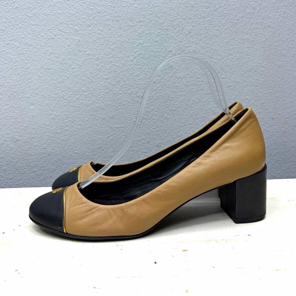 Tory Burch Beige/Black Cap-Toe Logo Leather Pumps Size 6.5